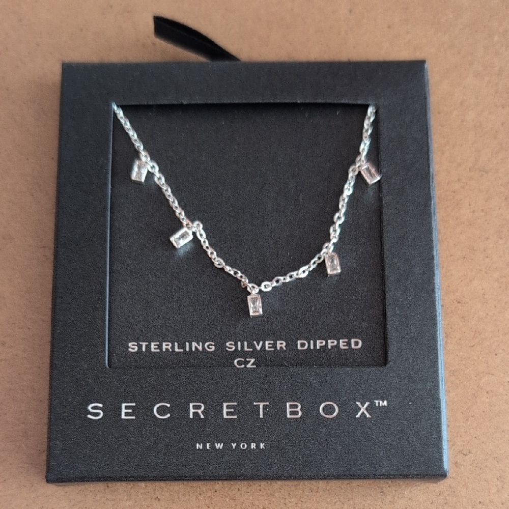 SecretBox New York Sterling Silver Dipped Necklace with Clear CZ NEW in Box